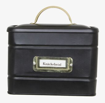 Bild av stilren plåtburk för knäckebröd med mässingsdetalj