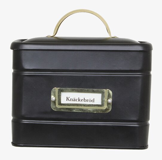 Bild av stilren plåtburk för knäckebröd med mässingsdetalj