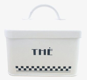 Bild av stilren plåtburk för te med blåvitt mönster