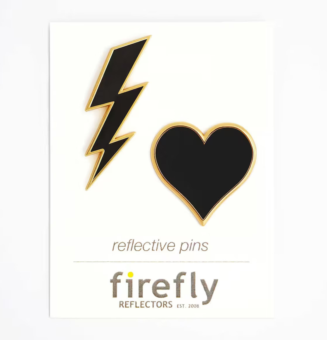 Reflex Pins Guld från Firefly, blixt och hjärta på kartong