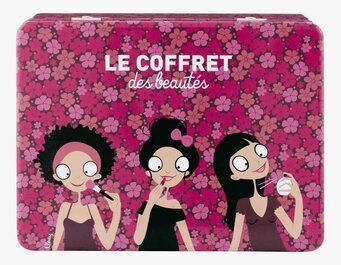 Bild av färgglad plåtburk med blom- och figurdesign