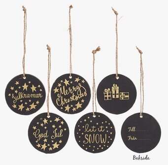 Juletikett från Different Design med gyllene text och motiv