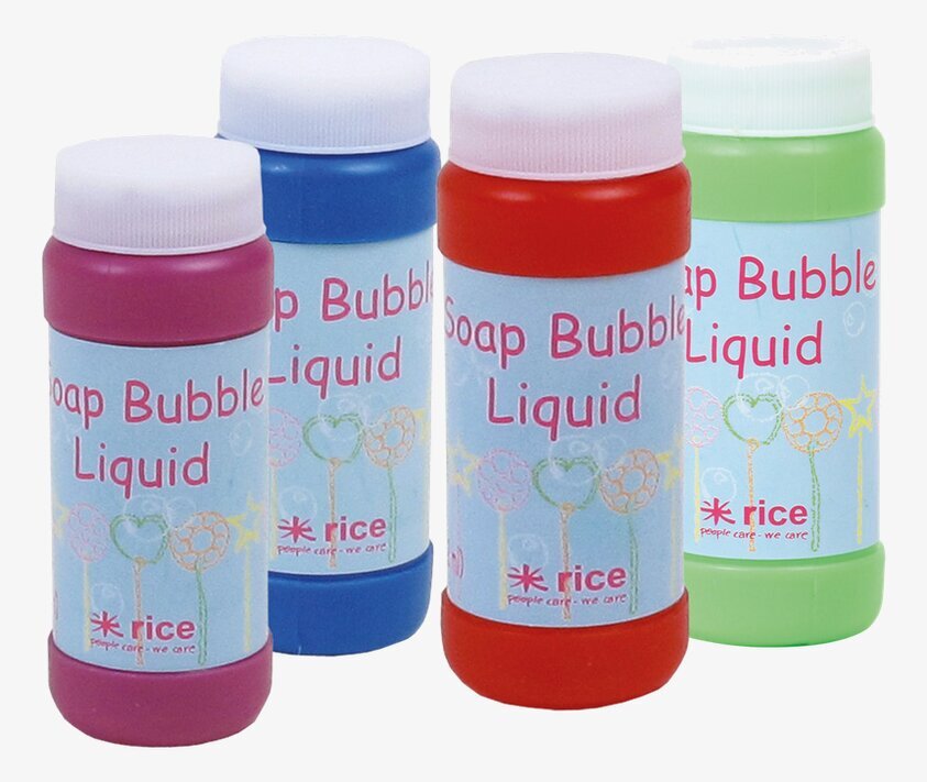 Såpbubblor från Rice i färgglada flaskor på vit bakgrund