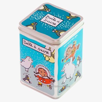 Bild av turkos plåtburk med lekfulla illustrationer