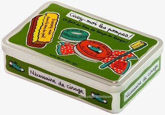 Bild av färgglad plåtburk för skovård och förvaring