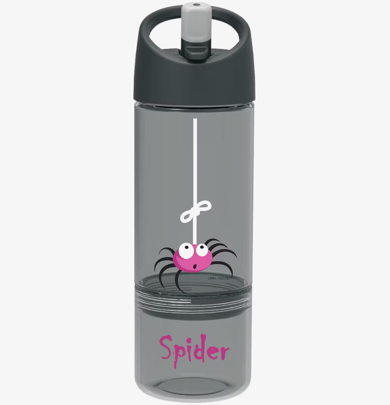 Barnflaska 2 in 1 Grå från Carl Oscar med rosa spindelmotiv