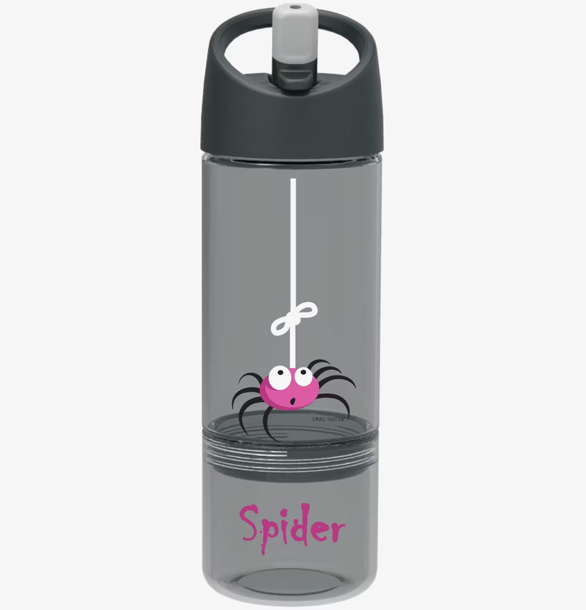 Barnflaska 2 in 1 Grå från Carl Oscar med rosa spindelmotiv