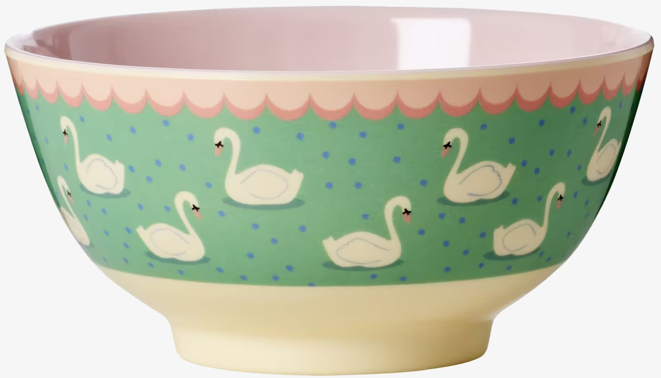 Skål Swan Print från Rice med svanmönster och rosa kant