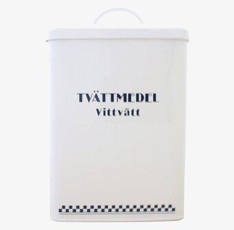 Bild av stilren plåtburk för tvättmedel i vitt och blått