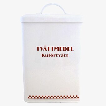 Bild av klassisk vit plåtburk för kulörtvättmedel