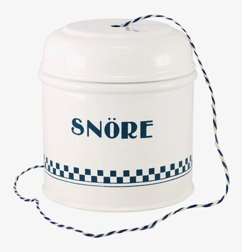 Bild av vacker plåtburk med blått och vitt snöre