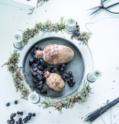 IB Laursen Ekollon Brun på metallfat med bär och lav