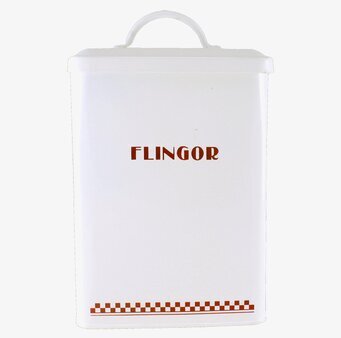 Foto av stilren plåtburk i rött och vitt för köksinredning