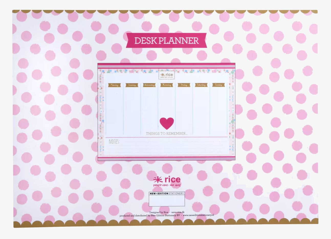 Desk Planner från Rice med rosa prickar och veckostruktur