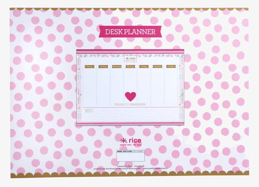 Desk Planner från Rice med rosa prickar och veckostruktur