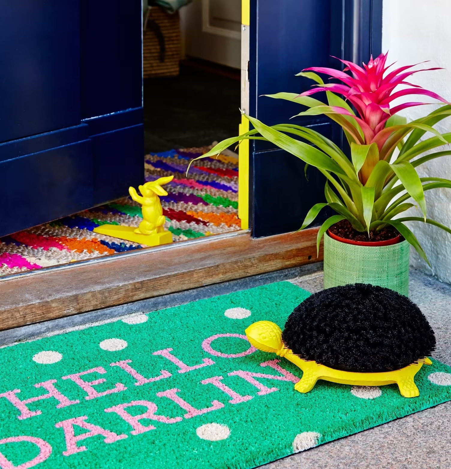 Fotskrapa Sköldpadda Gul från Rice framför en blå dörr