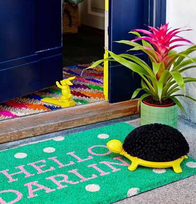 Fotskrapa Sköldpadda Gul från Rice framför en blå dörr