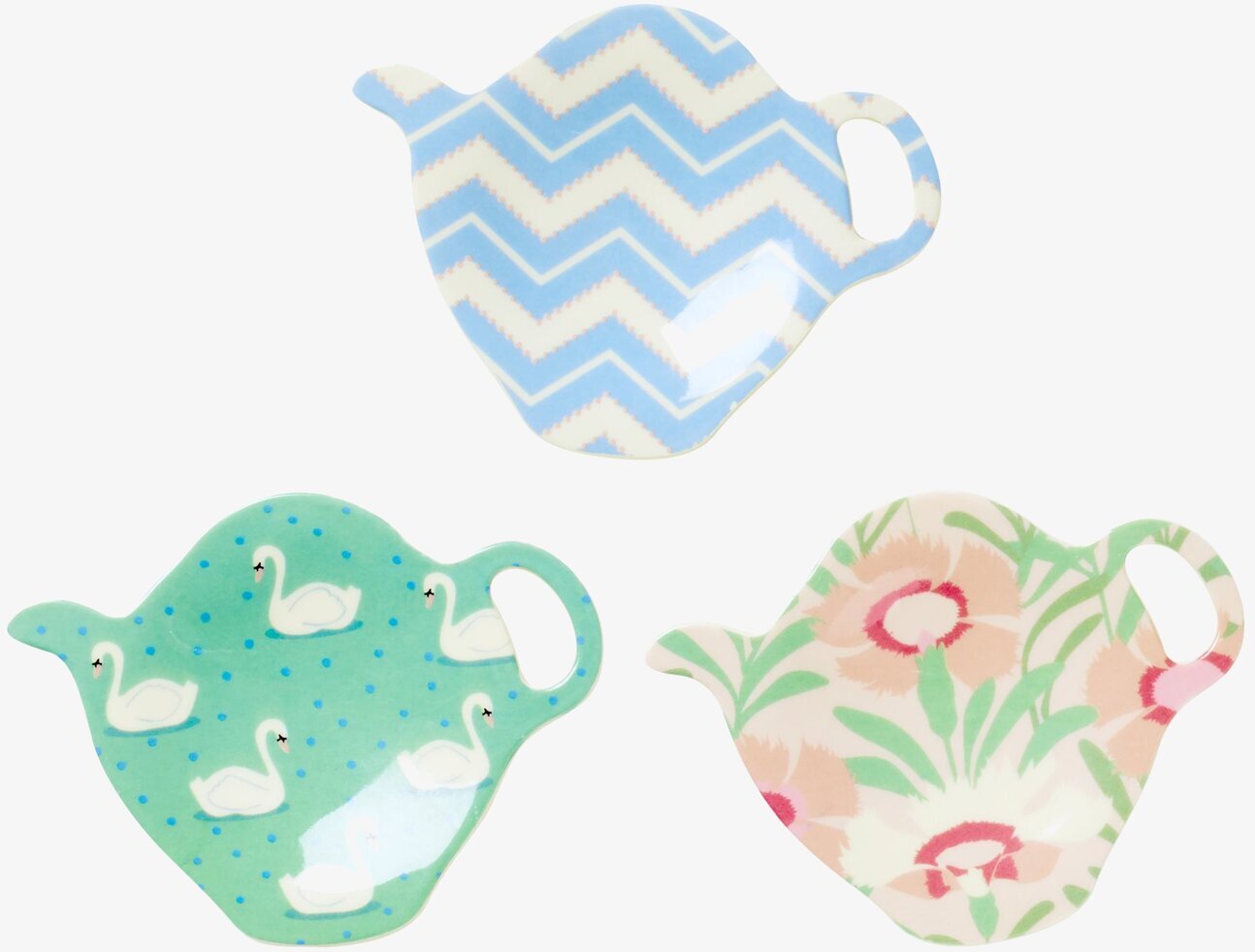 Fat Tepåse från Rice i tre mönster på vit bakgrund