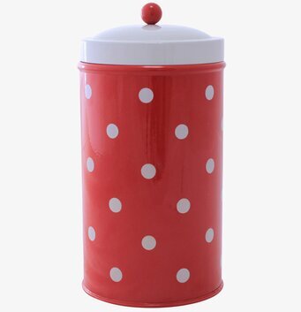 Bild på charmig rödvit plåtburk med retrodesign