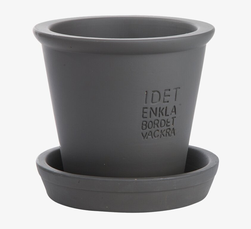 Kruka Inkl Fat Grå Ø25 från Ernst med präglad text och fat