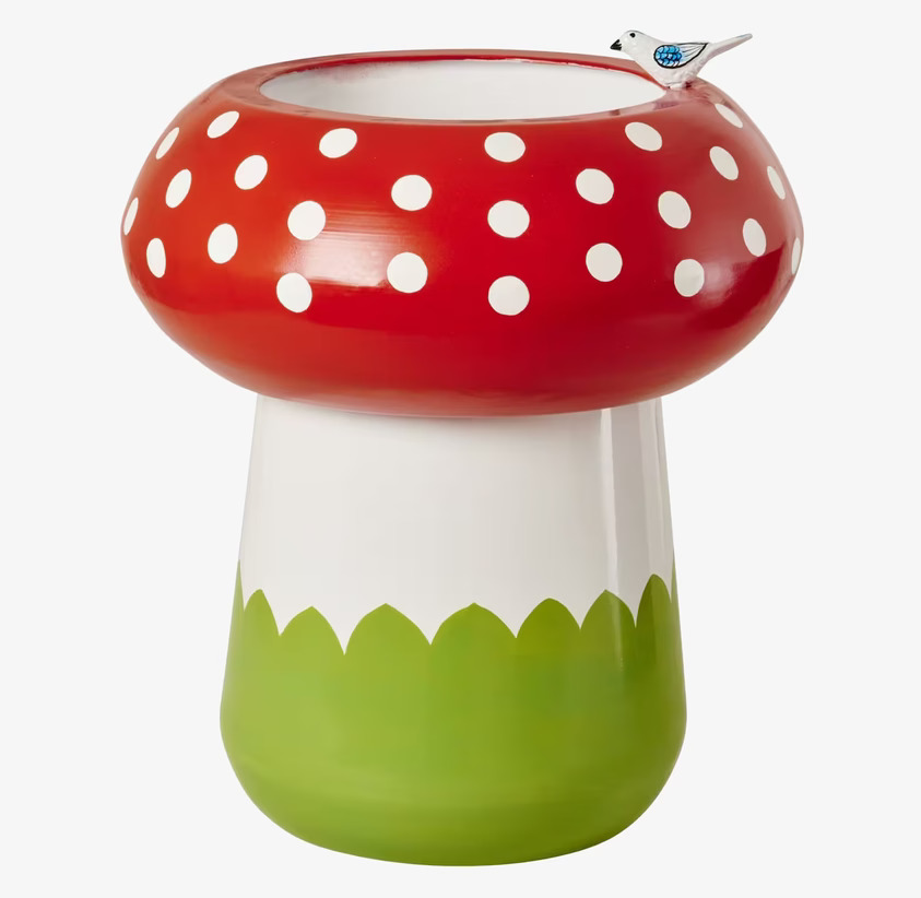Fågelbad Mushroom från Rice i röd, vit och grön keramik