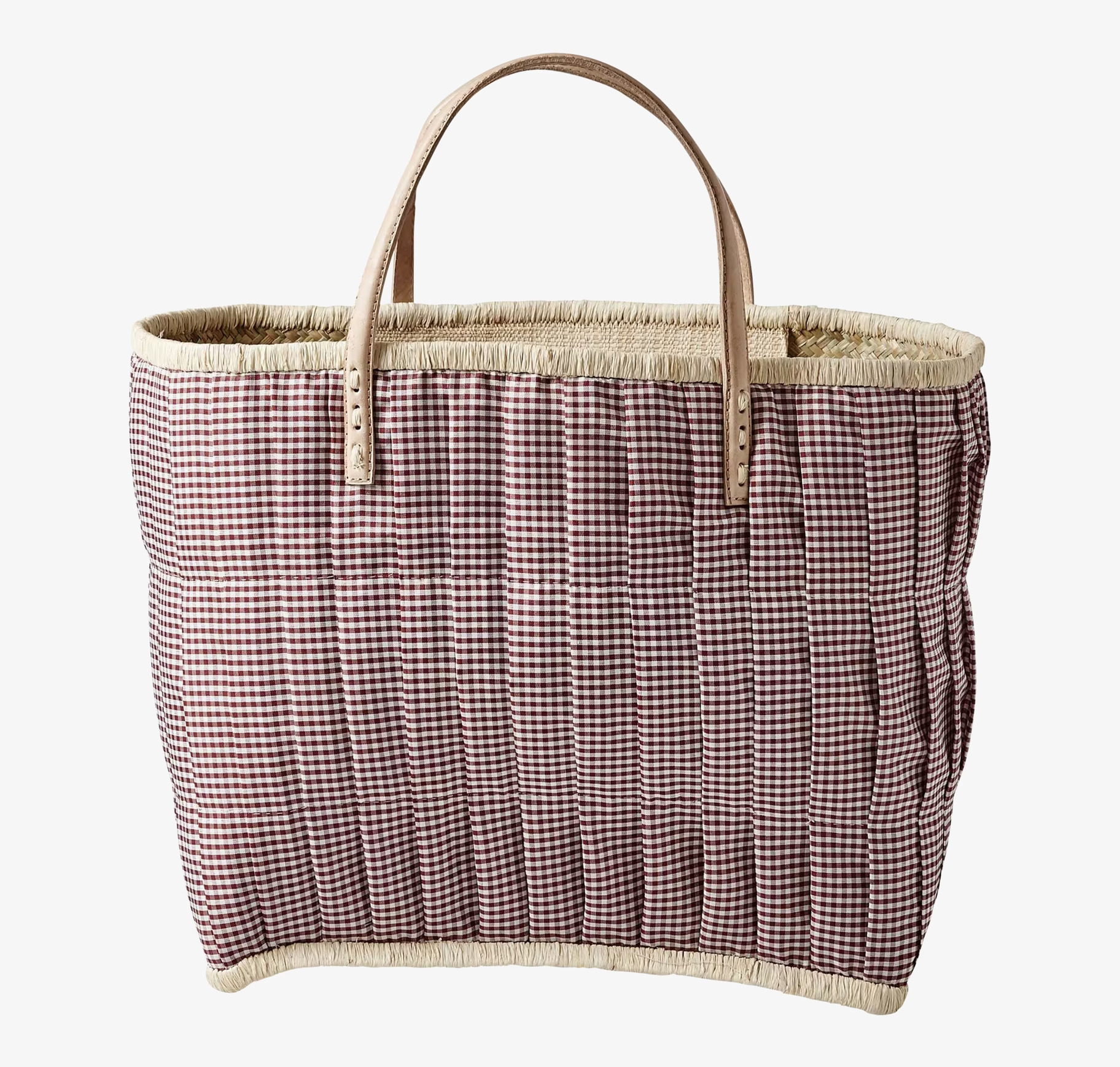 Väska Check Raffia från Rice i rödbrunt och vitt rutmönster