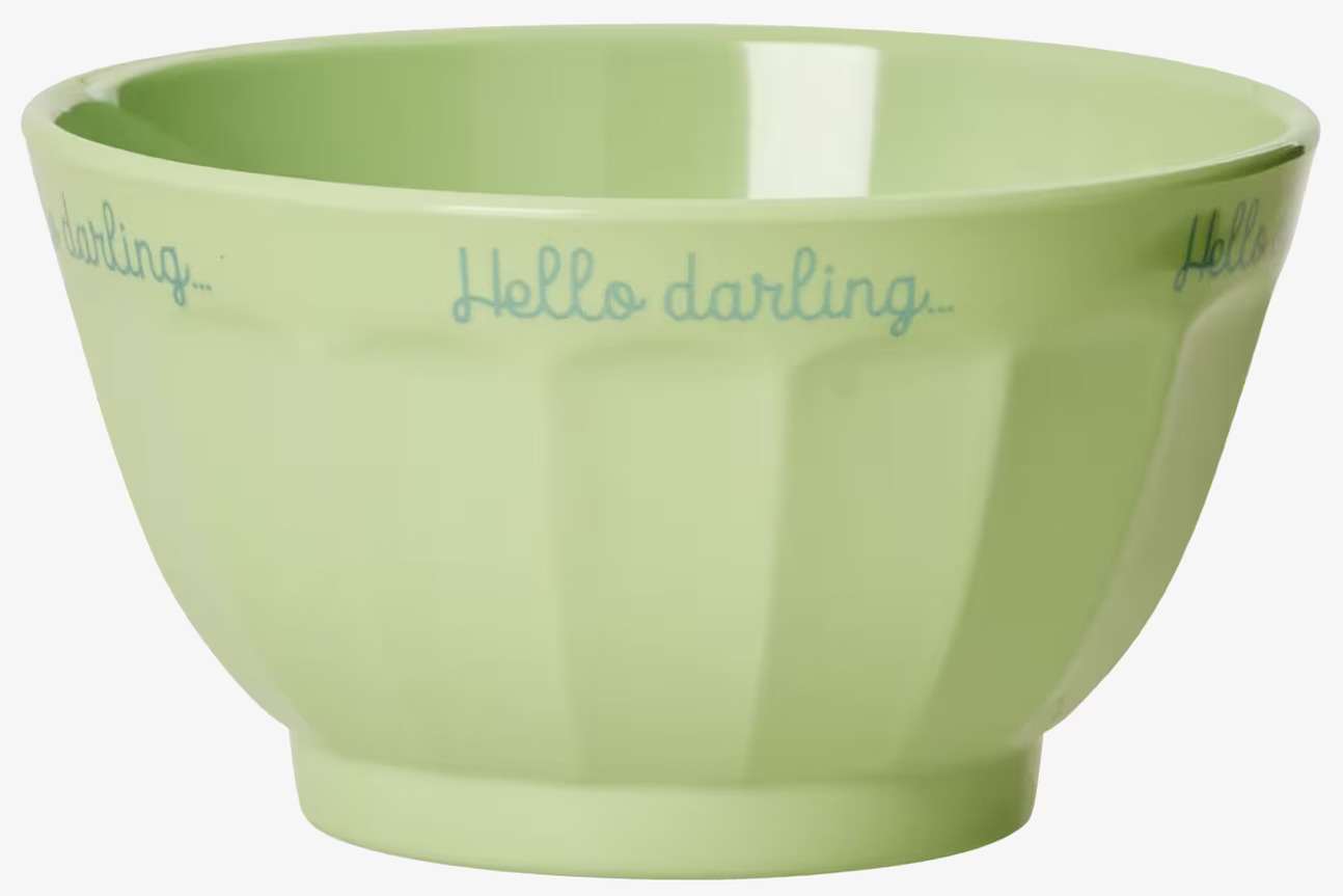 Skål - Hello Darling från Rice i ljusgrönt med blå text