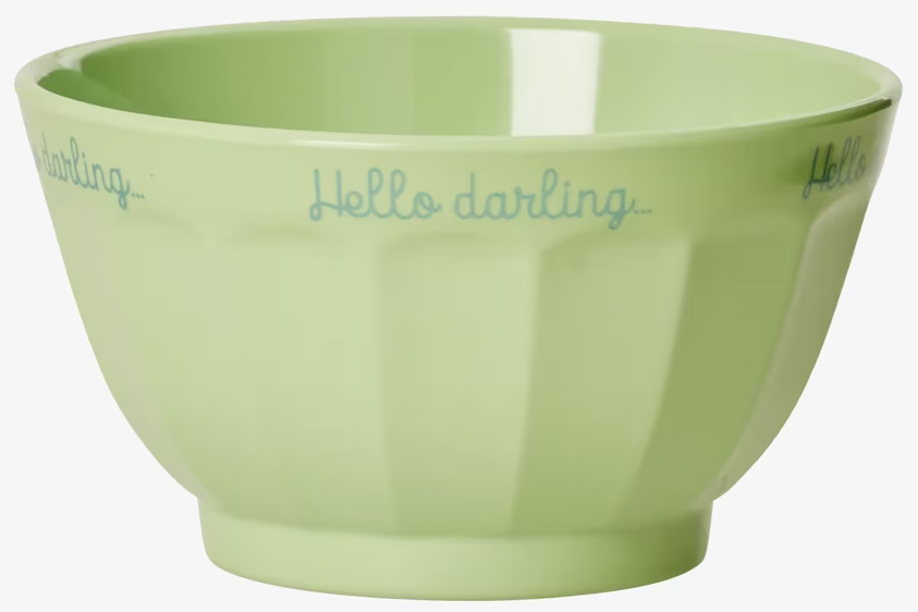 Skål - Hello Darling från Rice i ljusgrönt med blå text