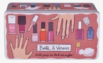 Bild av plåtburk med nagellackstema och färgglad design
