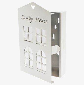 Bild på stilrent vitt nyckelskåp med husfasad design